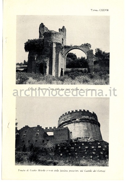 "Circo di Massenzio, una delle due torri del lato dei 'Carceres'"
				"Tomba di Cecilia Metella e resti della facciata posteriore del Castello dei Caetani"