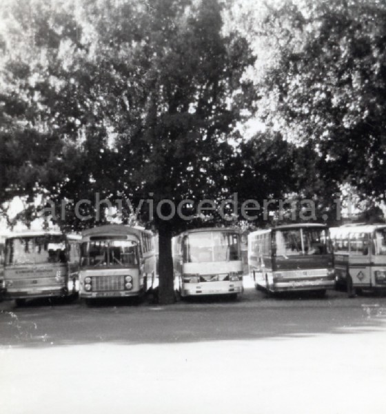 Roma, Parco archeologico del Colle Oppio: i pullman che stazionano nel giardino ormai dall'anno Santo (1975)