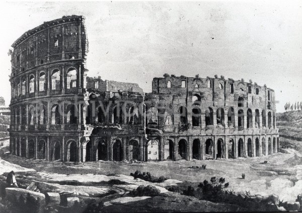 "1. Veduta del Colosseo dalla via Sacra, disegno di L.Caracciolo, prima met� del XIX secolo. Sul'asse del disegno � l'ingresso ovest attraverso il quale si vede l'area prima degli scavi; sulla destra le pendici del Colle Celio; il disegno rappresenta il monumento prima della costruzione dello sperone di Valadier."