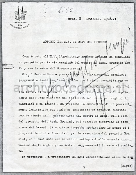 Illustrazione num. 1: "A miglior tempo!". Con queste tre parole a matita blu, Mussolini nel 1928 liquida per sempre il progetto Brasini di sventramento del centro storico"