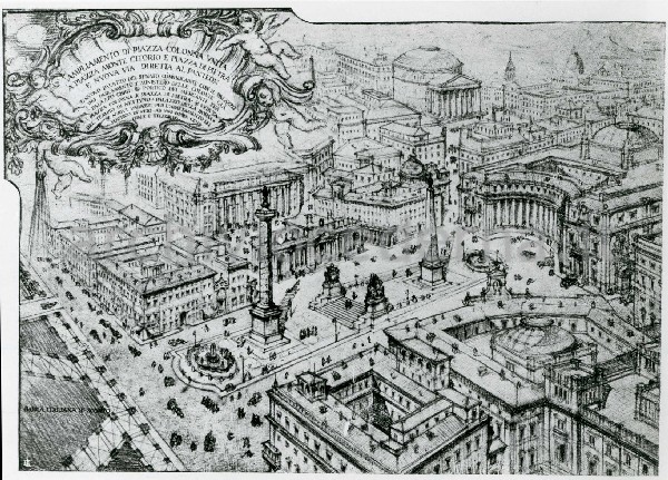Illustrazione num. 4: "Due versioni del demenziale progetto di Armando Brasini per lo sventramento del centro di Roma (1925-26). Tra il Corso e il Pantheon tutto viene demolito, rimangono in piedi solo la Colonna Antonina, l'obelisco di Montecitorio e le colonne di Piazza di Pietra, il Pantheon isolato tra baracconi edilizia (� il progetto che Mussolini in un primo tempo prende sul serio e che poi liquida)"