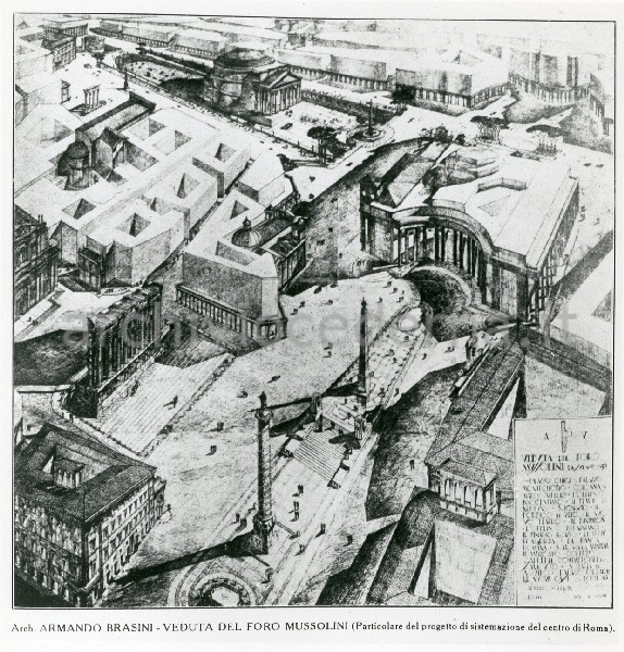 Illustrazione num. 5: "Due versioni del demenziale progetto di Armando Brasini per lo sventramento del centro di Roma (1925-26). Tra il Corso e il Pantheon tutto viene demolito, rimangono in piedi solo la Colonna Antonina, l'obelisco di Montecitorio e le colonne di Piazza di Pietra, il Pantheon isolato tra baracconi edilizia (� il progetto che Mussolini in un primo tempo prende sul serio e che poi liquida)"