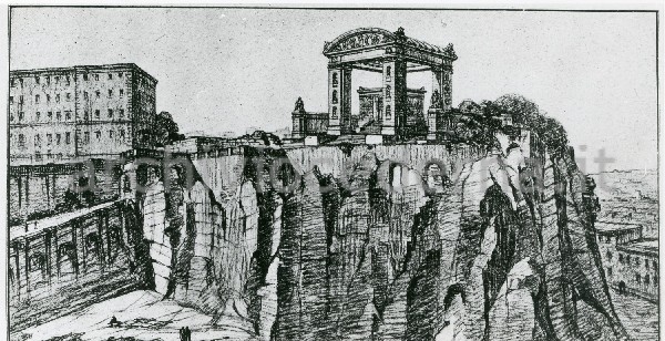 Illustrazione num. 6: "Progetto dell'arch. O. Frezzotti (quello che poi costru� Littoria) per il trasporto dell'Ara Pacis sul Campidoglio tutto raschiato, sotto una specie di baldacchino dorico-romanesco".