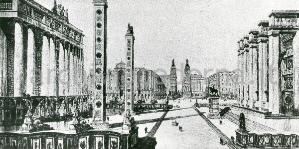 Illustrazione num. 7: "Sventramento e ricostruzione romanesco-babilonese del centro di Roma, a oriente del Corso, secondo il progetto del gruppo "La Burbera", capeggiato da G. Giovannoni (7), strenuo difensore degli ambienti antichi".