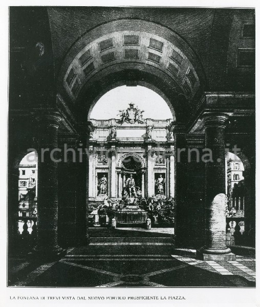 Illustrazione num. 10: "Progetto Foschini-Spaccarelli di sventramento di via S. Vincenzo per distruggere la piazza e l'ambiente di fontana di Trevi incorniciandone la veduta tra archi, pilastri e colonne".