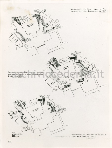 Illustrazione num. 14: "Progetti per la sistemazione di piazza Venezia, ovvero "Foro Italico" (1909, 1919, 1931). Il piano del '31 prevede ancora due porticati monumentali ricurvi: quello di destra, nell'ex piazza Aracoeli, addossato a un nuovo edificio".