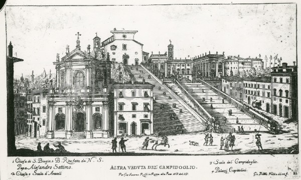 Illustrazione num. 17: "Come si presentavano le pendici del Campidoglio (con S. Rita e la casa accanto, da una stampa del Falda), e come Giovannoni intendeva ricostruire la chiesa tutta diversa, nel '29".