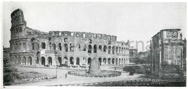 Illustrazione num. 48: "Il Colosseo e l'arco di Costantino, con in mezzo la Meta Sudante, il grandioso avanzo di fontana romana fatto sparire nel 1935, insieme al basamento del Colosseo di Nerone; il Colosseo ridotto a spartitraffico".