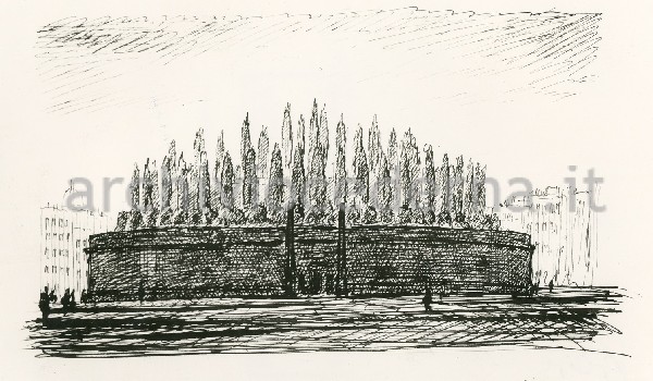 Illustrazione num. 68: "Lo sventramento per l'isolamento dell'Augusteo: planimetria e come sarebbe dovuto apparire il rudere, in un disegno ottimistico di A. Munoz. Anzich� emergere il rudere apparir� sprofondato in una fossa".