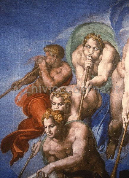 "Il Giudizio Universale (dopo il restauro): gruppo degli angeli tubicini, particolare"