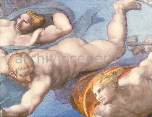 "Il Giudizio Universale (dopo il restauro): gruppo degli angeli con la colonna della flagellazione nella lunetta di destra, particolare"