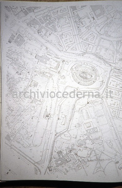 "Roma, l'area archeologica centrale e la citt� moderna", figura 27, pagina 46: "La zona intorno al Colosseo. Stato attuale e proposta di sistemazione nella prima fase"
