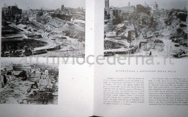 "Roma, l'area archeologica centrale e la citt� moderna", pagine 80 e 79 con le illustrazioni da 78 a 80: "Tre vedute dei lavori di sbancamento della Velia del 1932"