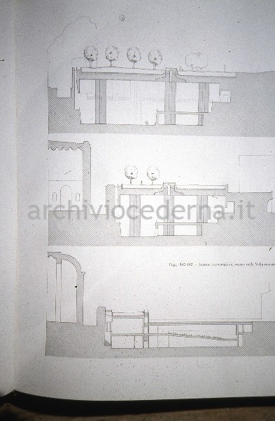 "Roma, l'area archeologica centrale e la citt� moderna", figure 140-42, pagina 113: "Sezioni trasversali del museo nella Velia ricostruita"