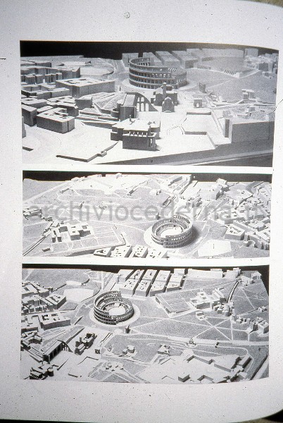 "Roma, l'area archeologica centrale e la citt� moderna", figure 152-154, pagina 118: "Tre vedute del plastico di progetto con l'inserimento della Velia nel paesaggio circostante"