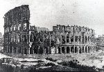 "1. Veduta del Colosseo dalla via Sacra, disegno di L.Caracciolo, prima met� del XIX secolo. Sul'asse del disegno � l'ingresso ovest attraverso il quale si vede l'area prima degli scavi; sulla destra le pendici del Colle Celio; il disegno rappresenta il monumento prima della costruzione dello sperone di Valadier."