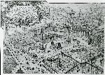 Illustrazione num. 4: "Due versioni del demenziale progetto di Armando Brasini per lo sventramento del centro di Roma (1925-26). Tra il Corso e il Pantheon tutto viene demolito, rimangono in piedi solo la Colonna Antonina, l'obelisco di Montecitorio e le colonne di Piazza di Pietra, il Pantheon isolato tra baracconi edilizia (� il progetto che Mussolini in un primo tempo prende sul serio e che poi liquida)"