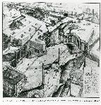 Illustrazione num. 5: "Due versioni del demenziale progetto di Armando Brasini per lo sventramento del centro di Roma (1925-26). Tra il Corso e il Pantheon tutto viene demolito, rimangono in piedi solo la Colonna Antonina, l'obelisco di Montecitorio e le colonne di Piazza di Pietra, il Pantheon isolato tra baracconi edilizia (� il progetto che Mussolini in un primo tempo prende sul serio e che poi liquida)"